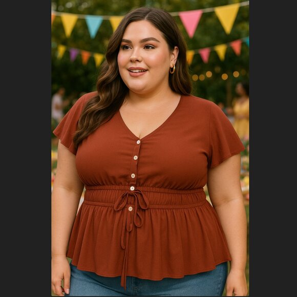 Torrid Madder Brown Babydoll Top 4X 26 Flutter Sleeve Waist Tie Peplum Blouse - Picture 1 of 6